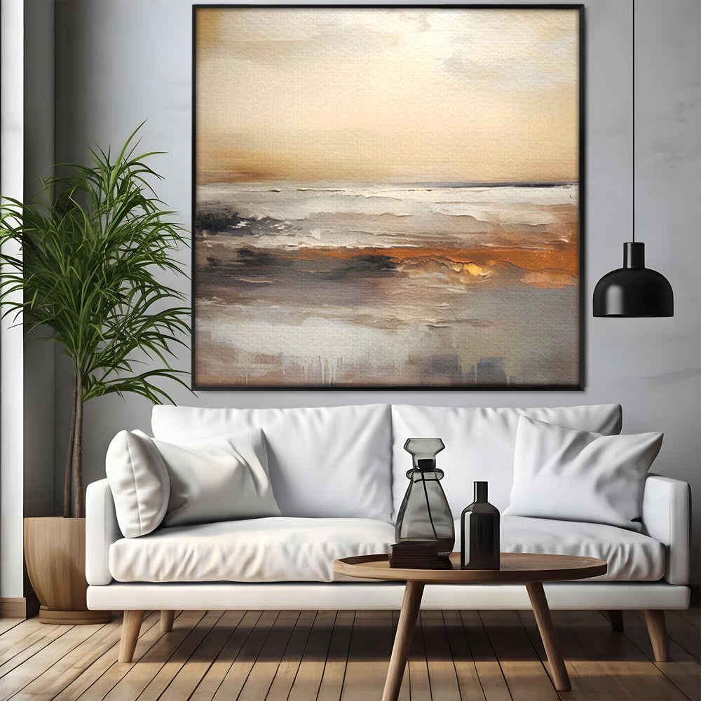 Tablou canvas cu pictura abstracta cu peisaj marin, in rama de aluminiu negru, pe perete intr-un living